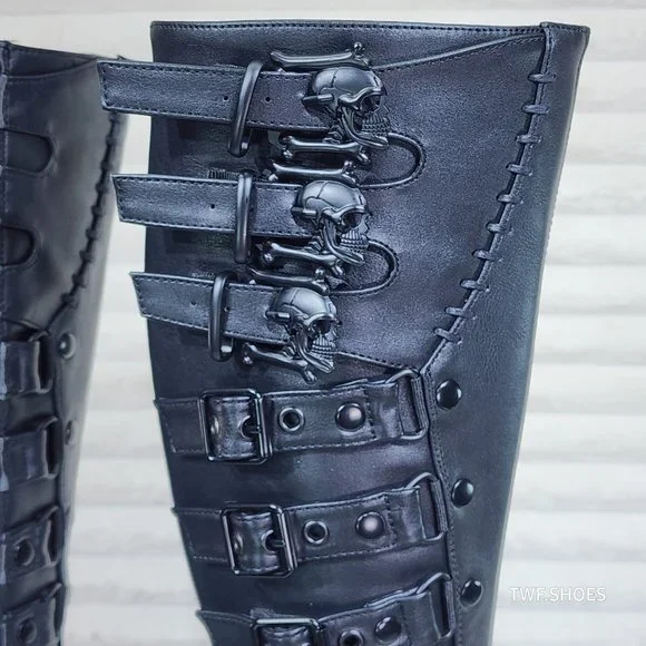 Shaker 232 Goth Punk Rave Platform Wedge Knee Boots Skull Buckles